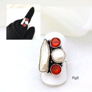 Ring White Biwa Pearl+Red Garnet Gems 925 Silver